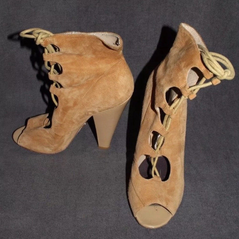 Bebe suede lace up open toe booties